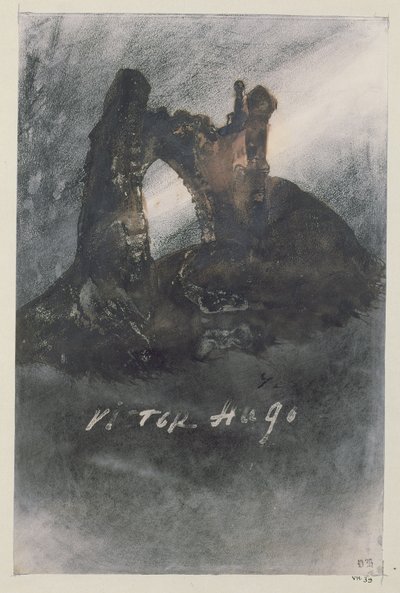 グロズネズ、ジャージー、またはアーチの遺跡（鉛筆、インディアンインク、紙にセピア） 作： Victor Hugo