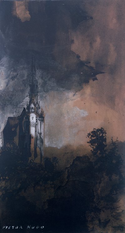 月明かりの城（ペンとインドのインク、紙にセピアとガッシュ） 作： Victor Hugo