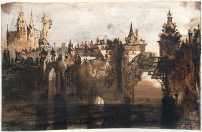 壊れた橋のある町（黒鉛、墨汁、紙にセピア） 作： Victor Hugo