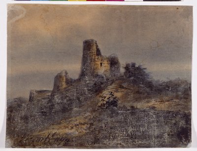Arques la Bataille (Arques-la-Bataille) の城の遺跡の眺め ヴィクトル・ユーゴー (1802-1885) によるドローイング 19 世紀 薄暗い 17,4x22 cm マルセイユ、シャトー・ボレリー、装飾美術館、ファイアンス、ファッション 作： Victor Hugo