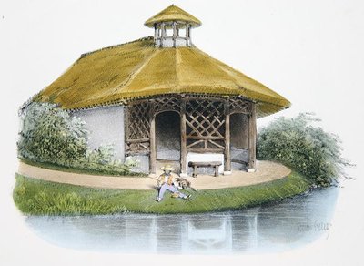 1895年頃、パリで出版された「Habitations Champetres」の挿絵にある素朴なパビリオン（クロモリト） 作： Victor Jean Baptiste (after) Petit