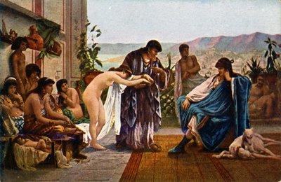 História. Roma antiga. comerciante de escravos. Ilustração de V. Giraud, República Tcheca, c.1910 (cartão postal) 作： Victor Julien Giraud