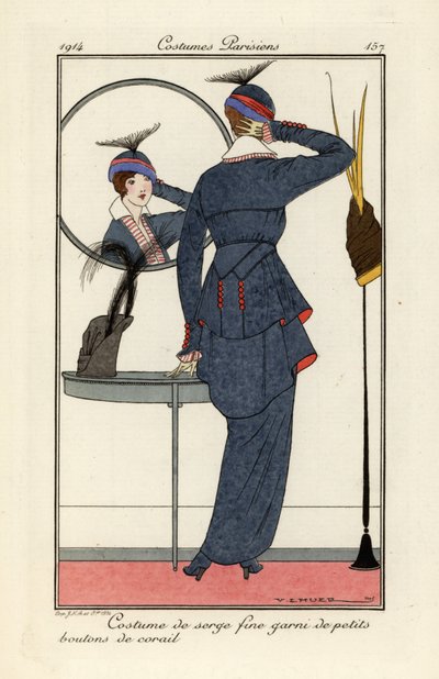 サンゴのボタンを探している高級サージ スーツを着た女性。 作： Victor Lhuer