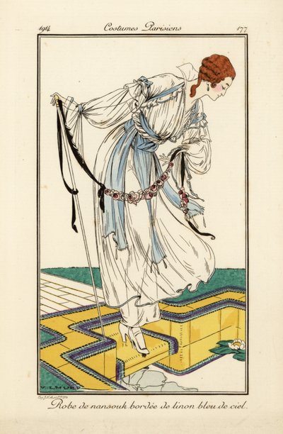 スカイブルーのリネンで縁取られたナインスクのドレスを着た女性。 作： Victor Lhuer