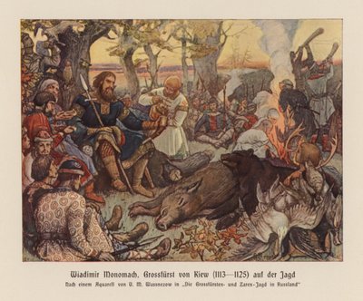 狩りをするキエフ・ルス大公ウラジーミル2世モノマフ（カラーリトグラフ） 作： Victor Mikhailovich (after) Vasnetsov