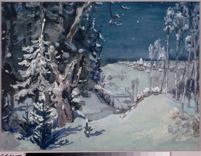 ニコラス（ニコライ）リムスキー・コルサコフ（リムスキー・コルサコフ）（1844-1908）によるオペラ「雪娘」の準備装飾（N・リムスキー・コルサコフによるオペラ雪娘の舞台デザイン）雪の風景の中の村、夜 - Viktor Mi のアートワーク 作： Victor Mikhailovich Vasnetsov