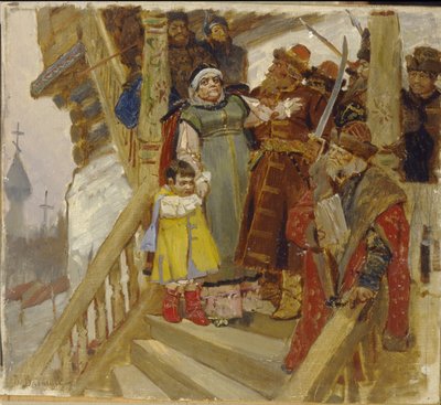 1478年のノヴゴロド（ロシア）でのマルファ・ボレツカヤ（またはマルファ・ポサニツァまたはマルタ市長）の逮捕 - 1478年のノヴゴロドでのマルファ・ボレツカヤの逮捕 - ヴィクトル・ミハイロビッチ・ヴァスネツォフ（1848-1926）による絵画、木に油彩 作： Victor Mikhailovich Vasnetsov