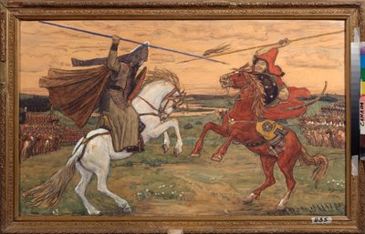 1380年のクリコヴォ平原でのアレクサンドル・ペレスベットとタタール・チェリベイ（またはチェルベイ、テミール・ムルザ）の決闘、ロシア人と黄金の大群の間の戦い（ペレスヴェトとテミール・ムルザの一騎打ち（テミール・ムルザ））クリコヴォで 作： Victor Mikhailovich Vasnetsov