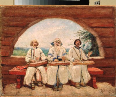 Gusli Players (The Gusli Players) (伝統的に盲目で物乞いのミュージシャン) - Viktor Mikhaylovich Vasnetsov (1848-1926) による絵画、キャンバスに油彩 作： Victor Mikhailovich Vasnetsov