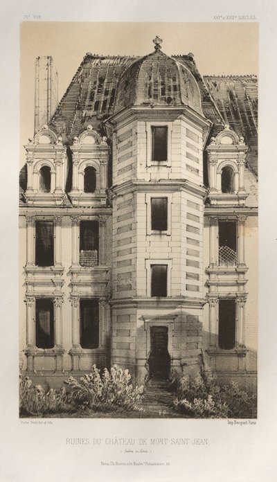 15 世紀の美しい建築物やモニュメント。 そしてXVI。 世紀: 15 世紀と 16 世紀のフランスの城 世紀: Pl. 71、モン サン ジャン城の遺跡 (ソーヌとロワール) 作： Victor Petit