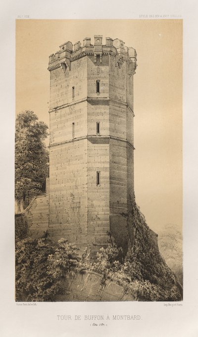 15 世紀の美しい建築物やモニュメント。 そしてXVI。 世紀: 15 世紀と 16 世紀のフランスの城 世紀: Pl. 90、モンバールのツール・ド・ブッフォン (コート・ドール) 作： Victor Petit