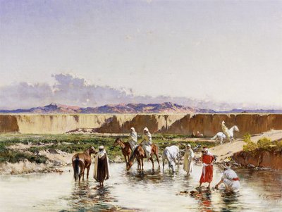 オアシスで水をまくアラブ騎手、 作： Victor Pierre Huguet