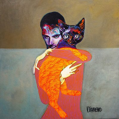 生き生きとした男性と猫の抱擁 作： Victor Tkachenko