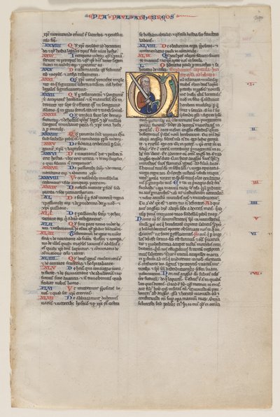 ラテン語聖書のイニシャル付きの葉: イニシャル M: 聖パウロと剣と本 作： Vienna Moralized Bible Workshop