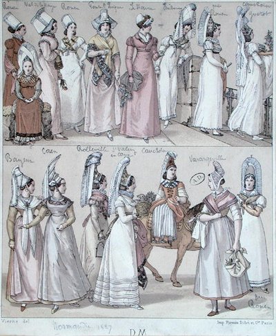 ノルマンディーの伝統的な衣装、1830年頃（カラーリトグラフ） 作： Vierne (after)