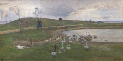 湖畔のガチョウ。 荒天対策。 耳をドラッグ 作： Viggo Johansen