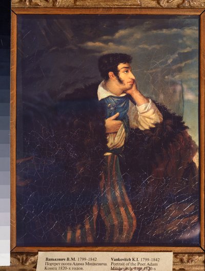 詩人アダム・ミツキェヴィチの肖像 (1798-1855) (詩人 A ミツキェヴィチの肖像) - ヴィケンティ・メルヒオロヴィチ・ヴァンコヴィッチ (1799-1842) による絵画、キャンバスに油彩、1820 年後半、ロシア美術 19 世紀 - 国立トレチャコフ美術館、モスクワ 作： Vikenti Melkhlorovich Vankovich