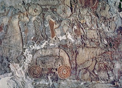 荷車を引く動物の詳細、Oseberg 船で見つかったタペストリー (織物) 作： Viking