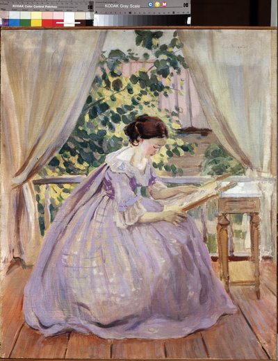 ""La brodeuse"" (Embroideress) Peinture de Viktor (Victor) Elpidiforovich Borisov-Musatov (Borisov Musatov) (1870-1905) 1901 国立ロシア美術館、サンクトペテルブルク 作： Viktor Elpidiforovich Borisov Musatov