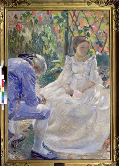 「秋の旋律」（秋の旋律）。 花を手にした男女の勇壮な情景。 彼らは 18 世紀のファッションに身を包み、悲しそうに見えます (別れ?)。 Viktor（Victor）Elpidiforovich Borisovによる絵画 作： Viktor Elpidiforovich Borisov Musatov