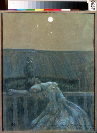 ""The Sorrow"" (悲しみ) 手すりにもたれかかって必死になっている少女。 Viktor (Victor) Elpidiforovich Borisov-Musatov (Borisov Musatov) (1870-1905) (symbolism) による水彩画とパステル画 1903 セルプホフ国立歴史美術館 (セルプホフ)。 作： Viktor Elpidiforovich Borisov Musatov