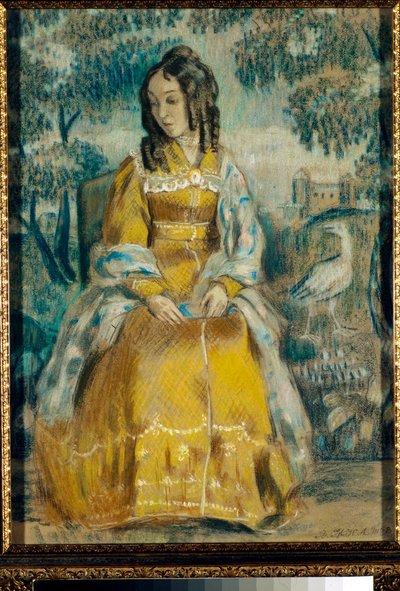 タペストリーの前に立つナデジダ・スタニュコーヴィチの肖像画、物思いにふける、クリノリンのドレスを着ている - Viktor (Victor) Elpidiforovich Borisov-Musatov (Borisov Musatov) (1870-1905) 作 作： Viktor Elpidiforovich Borisov Musatov