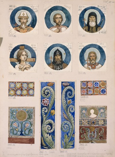 1884年から1889年までのキエフの聖ウラジミール大聖堂でのフレスコ画に関するロシアの聖人のメダリオン研究 作： Viktor Mikhaylovich Vasnetsov