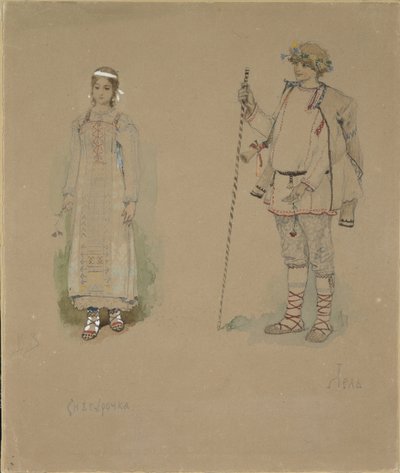 雪の乙女とレル。 N.リムスキーコルサコフ作、1885年のオペラ「雪の乙女」の衣装デザイン 作： Viktor Mikhaylovich Vasnetsov
