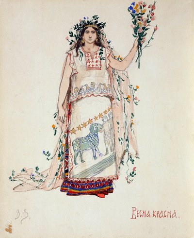 春の美しさ。 N.リムスキーコルサコフ作、1885年のオペラ「雪の乙女」の衣装デザイン 作： Viktor Mikhaylovich Vasnetsov