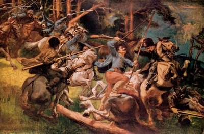 1915年にカルパティア山脈で戦うハンガリーの騎兵とロシアのコサック 作： Viktor Tardos