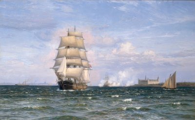 クロンボー城とヘルシンゲルの前にあるデンマークのはしけ 作： Vilhelm Arnesen