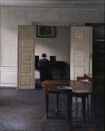 ピアノを弾く妻のインテリア 作： Vilhelm Hammershøi