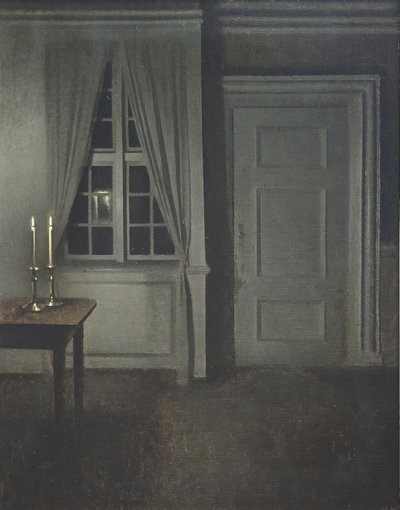 2つのキャンドルのあるインテリア 作： Vilhelm Hammershøi