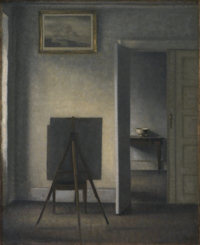 アーティストのイーゼルのあるインテリア 作： Vilhelm Hammershøi