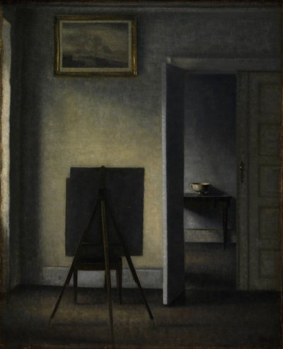 アーティストのイーゼルのあるインテリア、1910年。 作： Vilhelm Hammershøi