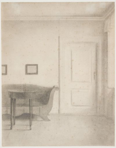 ソファと小さなテーブルのあるインテリア, t.h. ドア 作： Vilhelm Hammershøi
