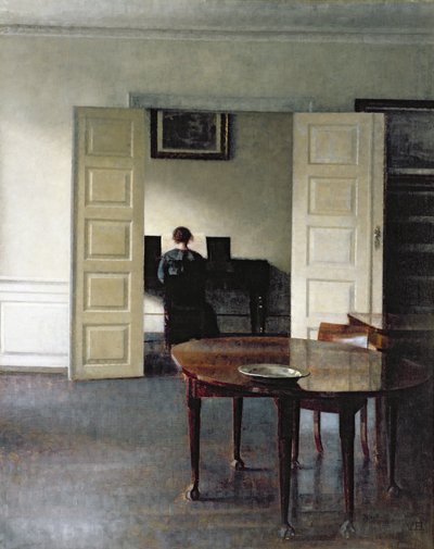 ピアノを弾く女性のいるインテリア、1910 作： Vilhelm Hammershoi