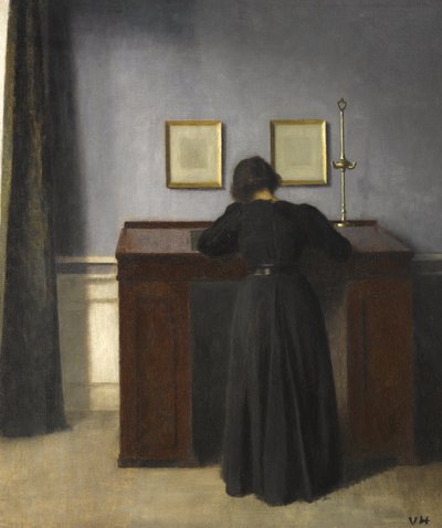 机に立ったアイダ、1900 作： Vilhelm Hammershoi