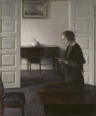 レディ・リーディングのあるインテリア、1900年頃（キャンバスに油彩） 作： Vilhelm Hammershoi