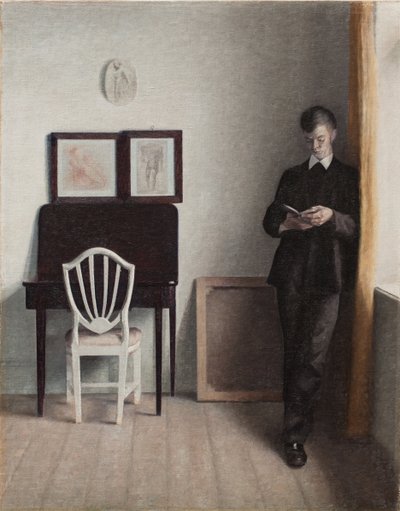 読書する若者のいるインテリア 作： Vilhelm Hammershoi