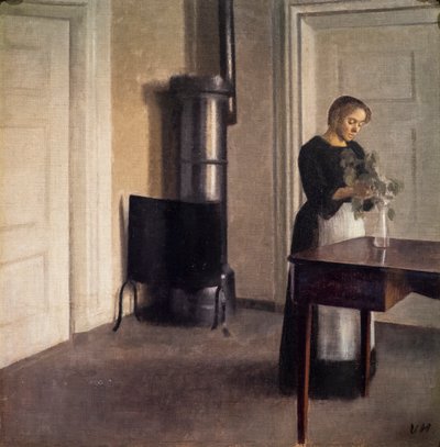 花瓶に花を生ける女性のいるインテリア 作： Vilhelm Hammershoi