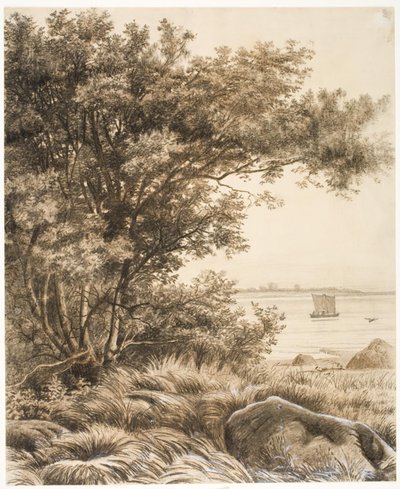 背の高い木々 と海岸の風景。 エスラム湖のモチーフ 作： Vilhelm Kyhn
