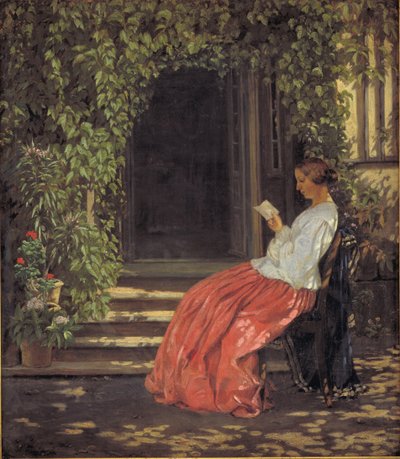 庭のドアの外で読書をしている女性 作： Vilhelm Kyhn