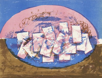 茶色と青の背景に正方形の青とピンクの楕円 作： Vilhelm Lundstrøm