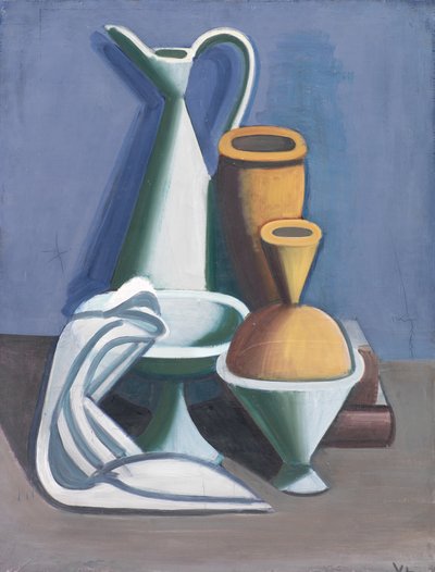 水差し、タオル、瓶のある静物 作： Vilhelm Lundstrøm