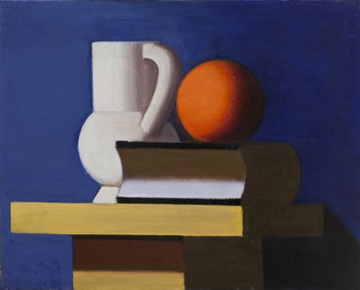 白い瓶、オレンジ、本のある静物 作： Vilhelm Lundstrøm