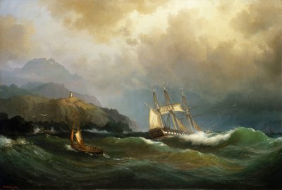 岩だらけの海岸を引っ掻き回すフリゲート 作： Vilhelm Melbye