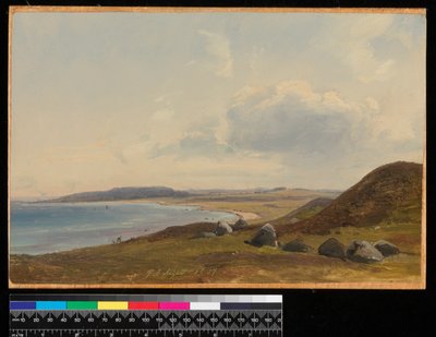 1857年、ホルンベックの邸宅からのヘスビャールへの眺め（紙に油彩） 作： Vilhelm Peterson