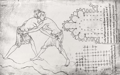 Ms.Fr.19093 fol.14v 2人のレスラー、シトー会教会の計画、ノートルダムドカンブレ合唱団の計画（ファクシミリコピー） 作： Villard de Honnecourt