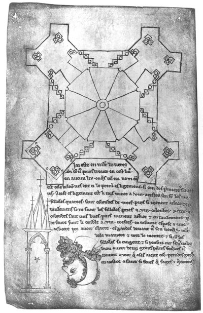 Ms 19093 fol.9vひげを生やした男の頭とゴシック様式の窓、ラン大聖堂の塔の計画のファクシミリコピー 作： Villard de Honnecourt